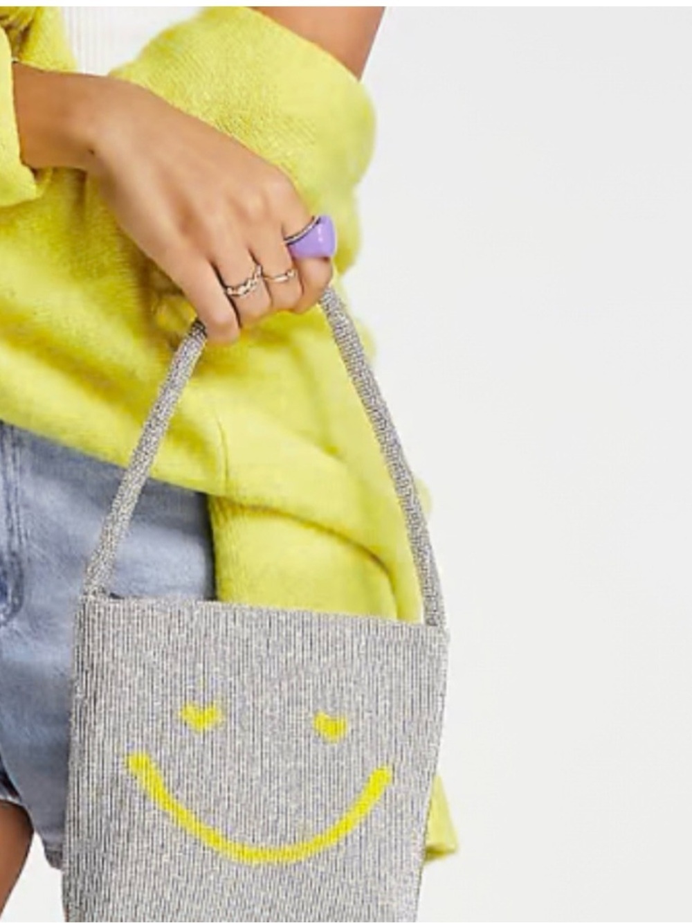 Beaded Smiley Face Mini Bag Grey Yellow Heart Eyes Y2K Shoulder Bag
